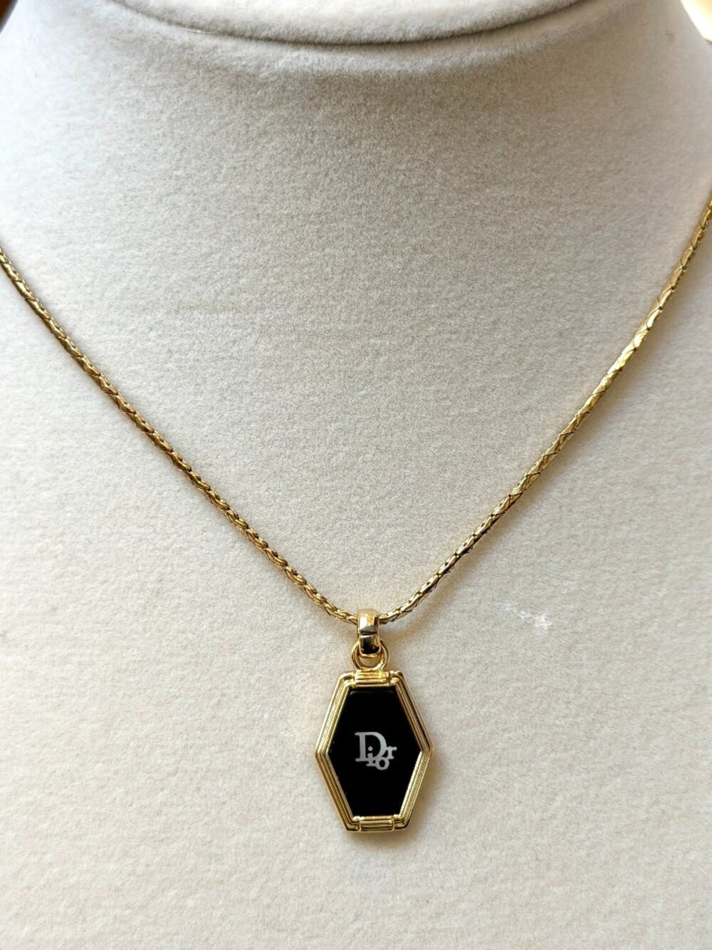 Vintage Christian Dior Gold & Black Enamel Hexagon Pendant Necklace